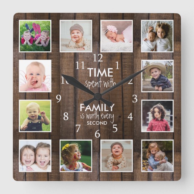 Dark Wood 12 Photo Template Time Family Quote Square Wall Clock (Front)