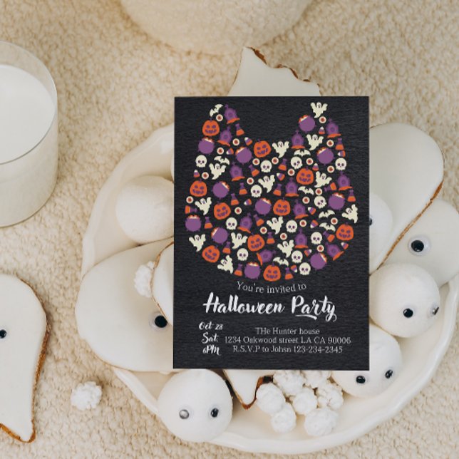 Dark wood cute dog cat Halloween party invitations (Creator Uploaded)