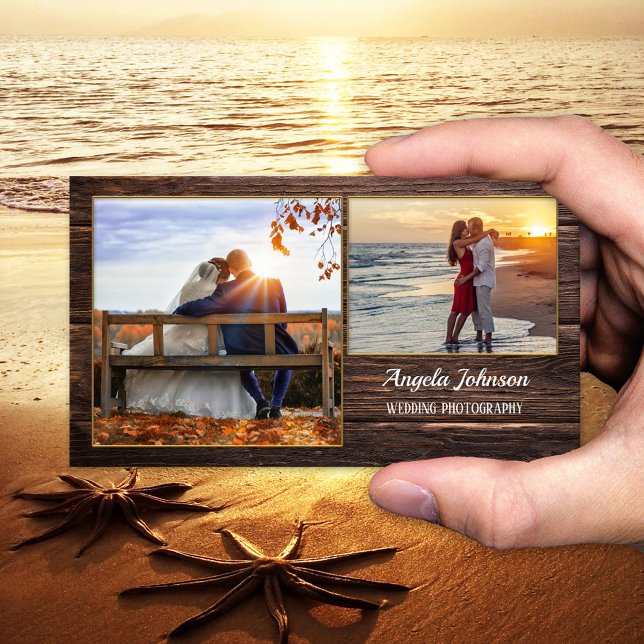 Dark Wood Photographer Template Business Card (Modern business card template showing your photos framed by a small gold lining on rustic dark wood)