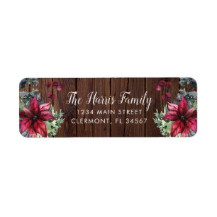 Dark Wood Red Poinsettia Holly Berries Label