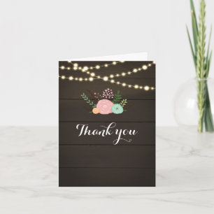 Dark Wood & Rustic Floral & Lights Thank You Card