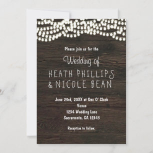Dark Wood Rustic String Lights Wedding Invitations