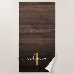 Dark Wood Rustic Wood Monogram Script Name Initial Beach Towel
