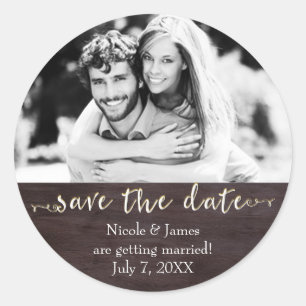 Dark Wood SAVE THE DATE Glam Rustic Wedding Photo Classic Round Sticker