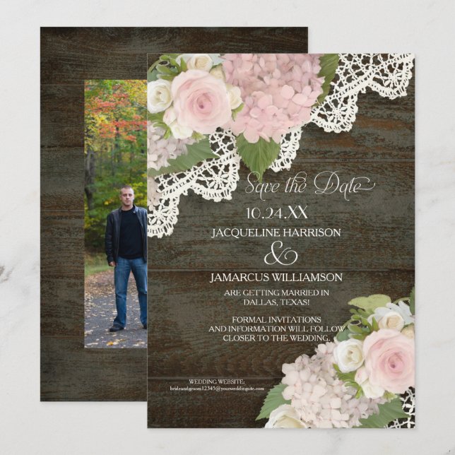 Dark Wood Save the Date Photo Lace Pink Hydrangea Invitation (Front/Back)