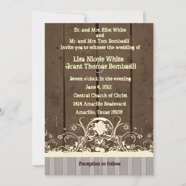 Dark Wood Shabby Lace Country Wedding Invitation (Front)
