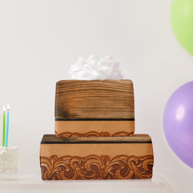 Dark Wood Tooled Leather Western Natural Style  Wrapping Paper (Party Gifts)