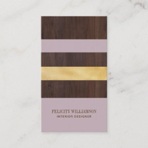 Dark Woodgrain, Gold & Lilac Stripe Modern Retro Business Card