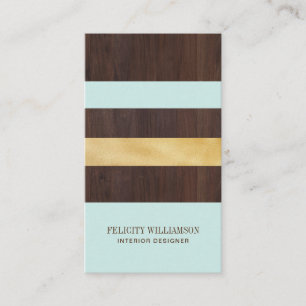 Dark Woodgrain, Gold & Teal Stripe Modern Retro Business Card