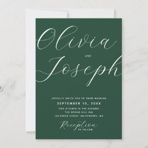 Dark Woodland Green Photo & QR Code Modern Wedding Invitation