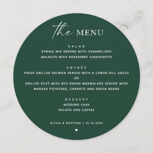 Dark Woodland Green Wedding Modern Classic Round Menu
