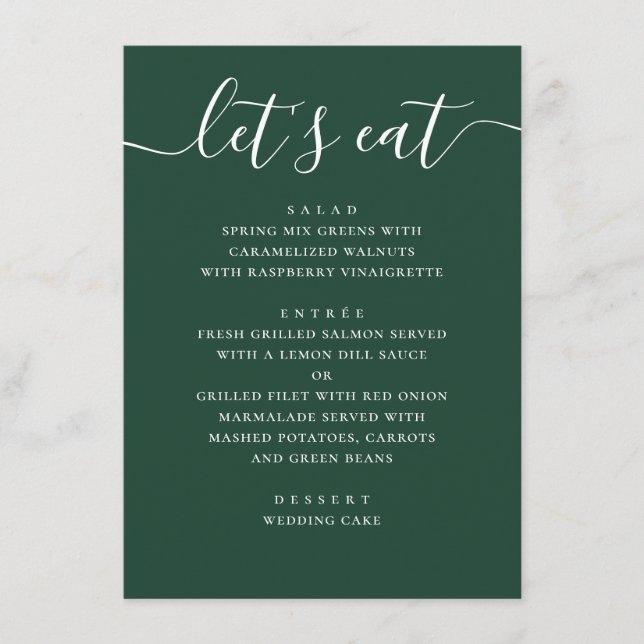 Dark Woodland Green Wedding | Modern Script Dinner Menu (Front)