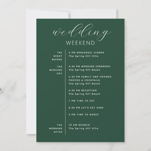 Dark Woodland Green Wedding Weekend Schedule Invitation (Back)