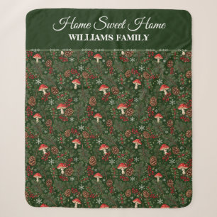 Dark Woodland Mushroom Family Christmas Sherpa Blanket