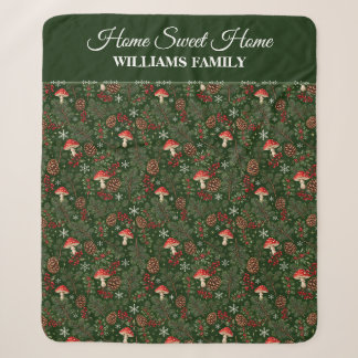 Dark Woodland Mushroom Family Christmas Sherpa Blanket