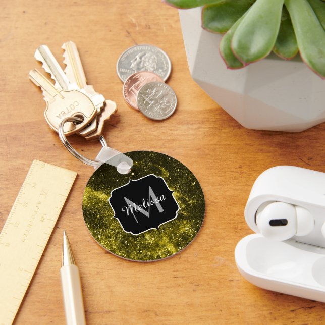 Dark yellow black abstract galaxy Monogram Ping Po Key Ring (Desk)