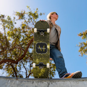 Dark yellow black abstract galaxy Monogram Skateboard