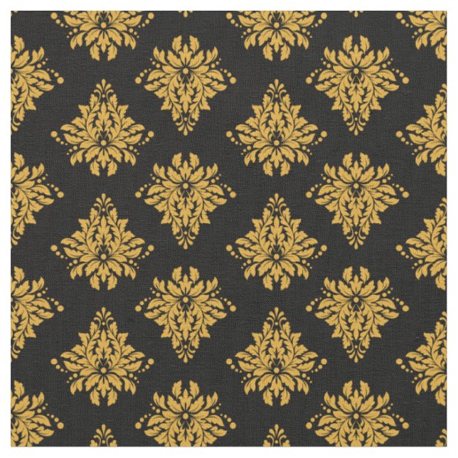 Dark Yellow Damask on Black Fabric (Close Up)