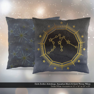 Dark Zodiac Astrology: Aquarius Black & Gold Cushion