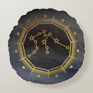 Dark Zodiac Astrology: Aquarius Black & Gold Round Cushion