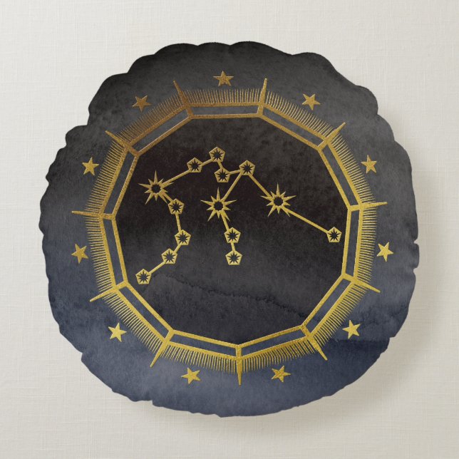 Dark Zodiac Astrology: Aquarius Black & Gold Round Cushion (Front)