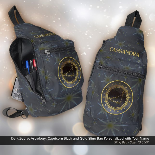Dark Zodiac Astrology: Capricorn Black Gold Name Sling Bag (Dark Zodiac Astrology: Capricorn Black and Gold Sling Bag -  Personalized with Your Name.)