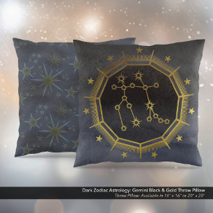 Dark Zodiac Astrology: Gemini Black & Gold Cushion
