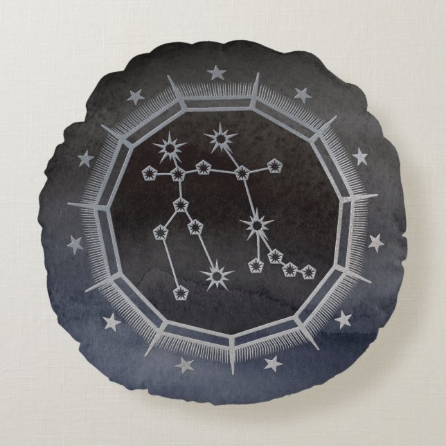 Dark Zodiac Astrology: Gemini Black & Silver Round Cushion (Front)