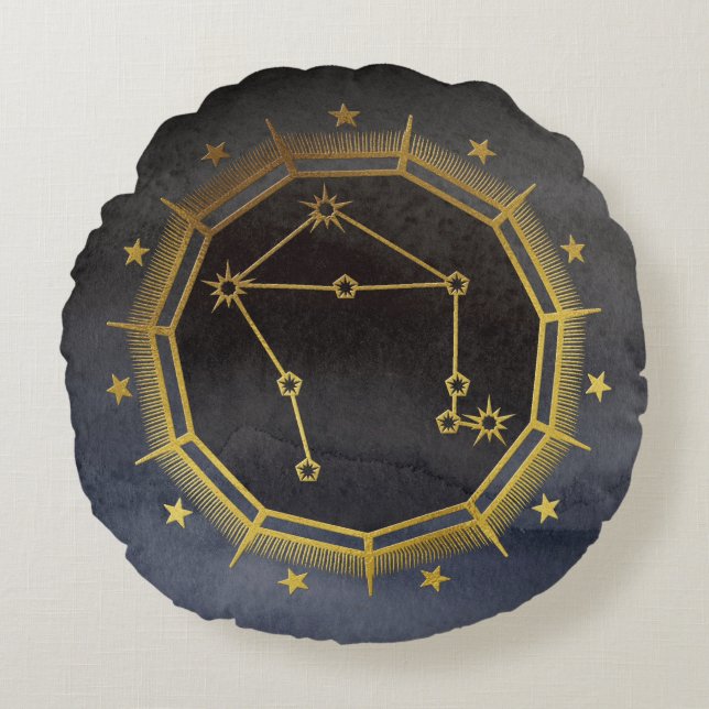 Dark Zodiac Astrology: Libra Black & Gold Round Cushion (Front)