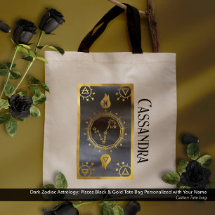 Dark Zodiac Astrology: Pisces Black Gold Name Tote Bag
