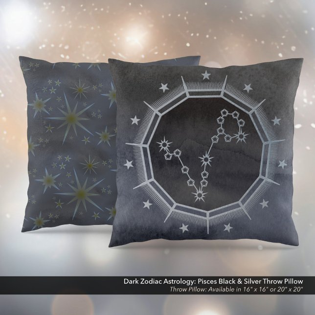 Dark Zodiac Astrology: Pisces Black & Silver Cushion (Dark Zodiac Astrology: Pisces Black & Silver Square Throw Pillow)
