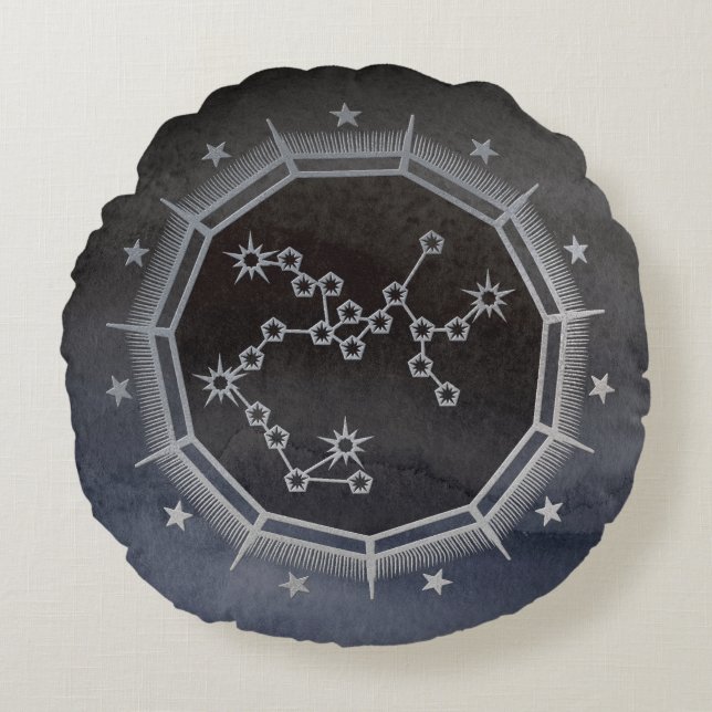 Dark Zodiac Astrology: Sagittarius Black & Silver Round Cushion (Front)