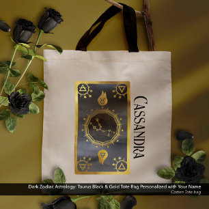 Dark Zodiac Astrology: Taurus Black Gold Name Tote Bag