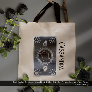 Dark Zodiac Astrology: Virgo Black Silver Name Tote Bag