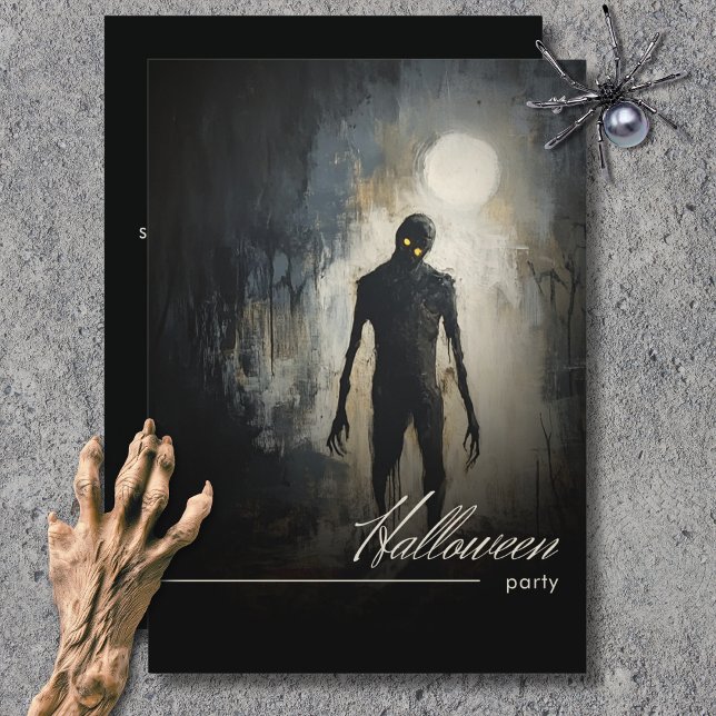 Dark Zombie Moon Black & White Halloween Party Invitation (Dark Zombie Moon Black & White Halloween Party Invitation)