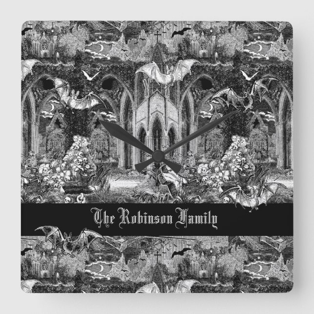 Darkest Gothic Vampires Crypt Graves Bats Goth Bat Square Wall Clock (Front)