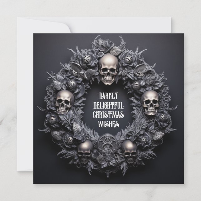 Darkly Delightful Goth Skull Wreath Xmash Wishes  Holiday Card (Front)