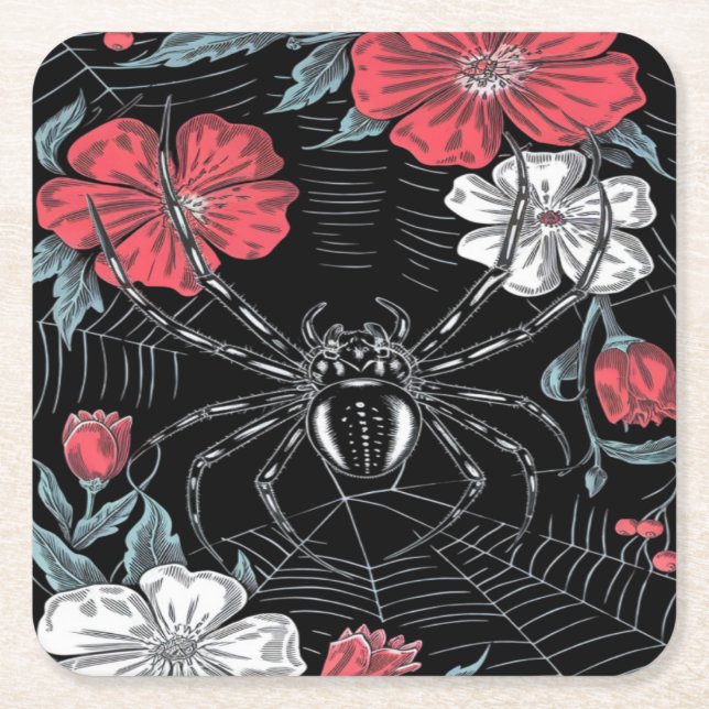 Darkly Romantic Spider Floral Square Paper Coaster (Front)