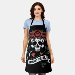 Darkly Yours Graphic: Gothic Skull with Red Roses Apron