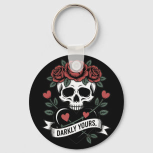 Darkly Yours Graphic: Gothic Skull with Red Roses  Key Ring
