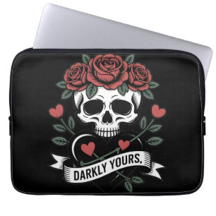 Darkly Yours Graphic: Gothic Skull with Red Roses Laptop Sleeve