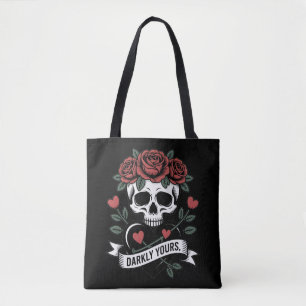 Darkly Yours Graphic: Gothic Skull with Red Roses Tote Bag