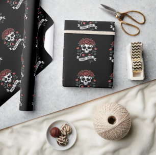 Darkly Yours Graphic: Gothic Skull with Red Roses Wrapping Paper