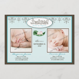 Darling 5x7 Twin Boy/Girl Aqua Birth Announcement