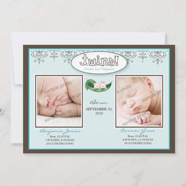 Darling 5x7 Twin Boy/Girl Aqua Birth Announcement (Front)