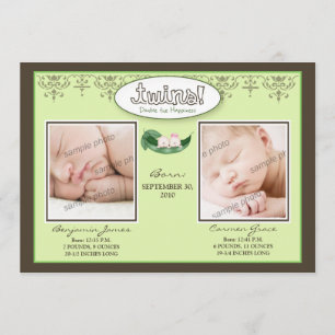 Darling 5x7 Twin Boy/Girl Lime Birth Announcement