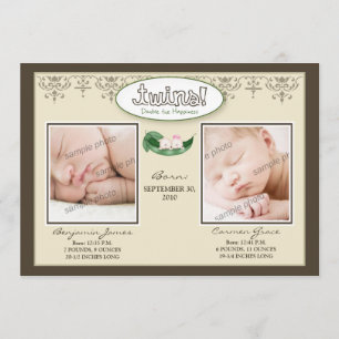 Darling 5x7 Twin Boy/Girl Taupe Birth Announcement
