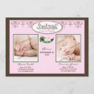 Darling 5x7 Twin GIRLS Birth Announcement (pink)