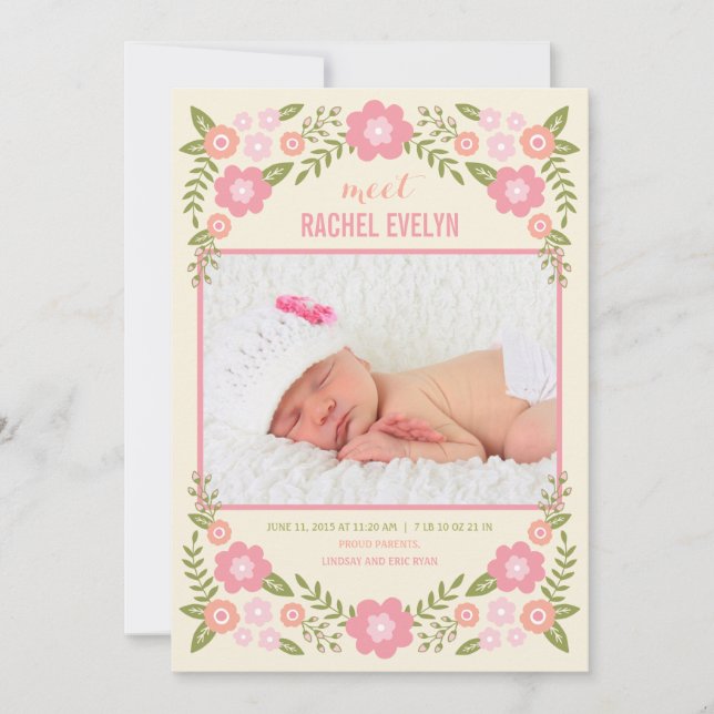 Darling Blooms Birth Announcement - Cream (Front)
