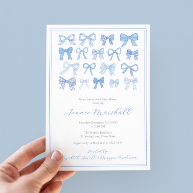 Darling Blue Bows Baby Boy Shower Party Invitation (Blue And White Whimsical Watercolor Bows baby shower invite for boy with regency stripe backer)